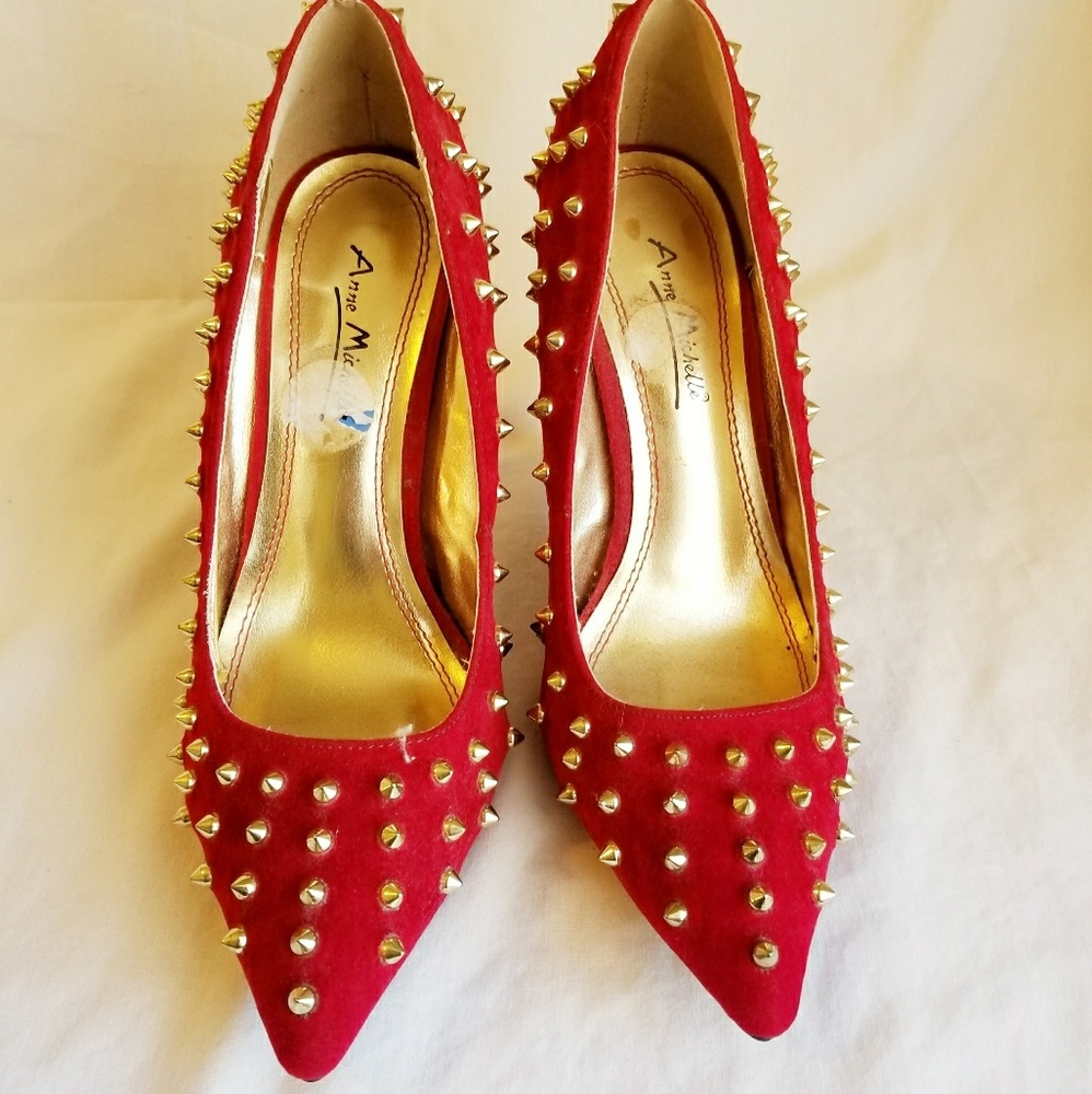 3/$20 Sale! Red Faux Suede Heels w/ Gold Spikes